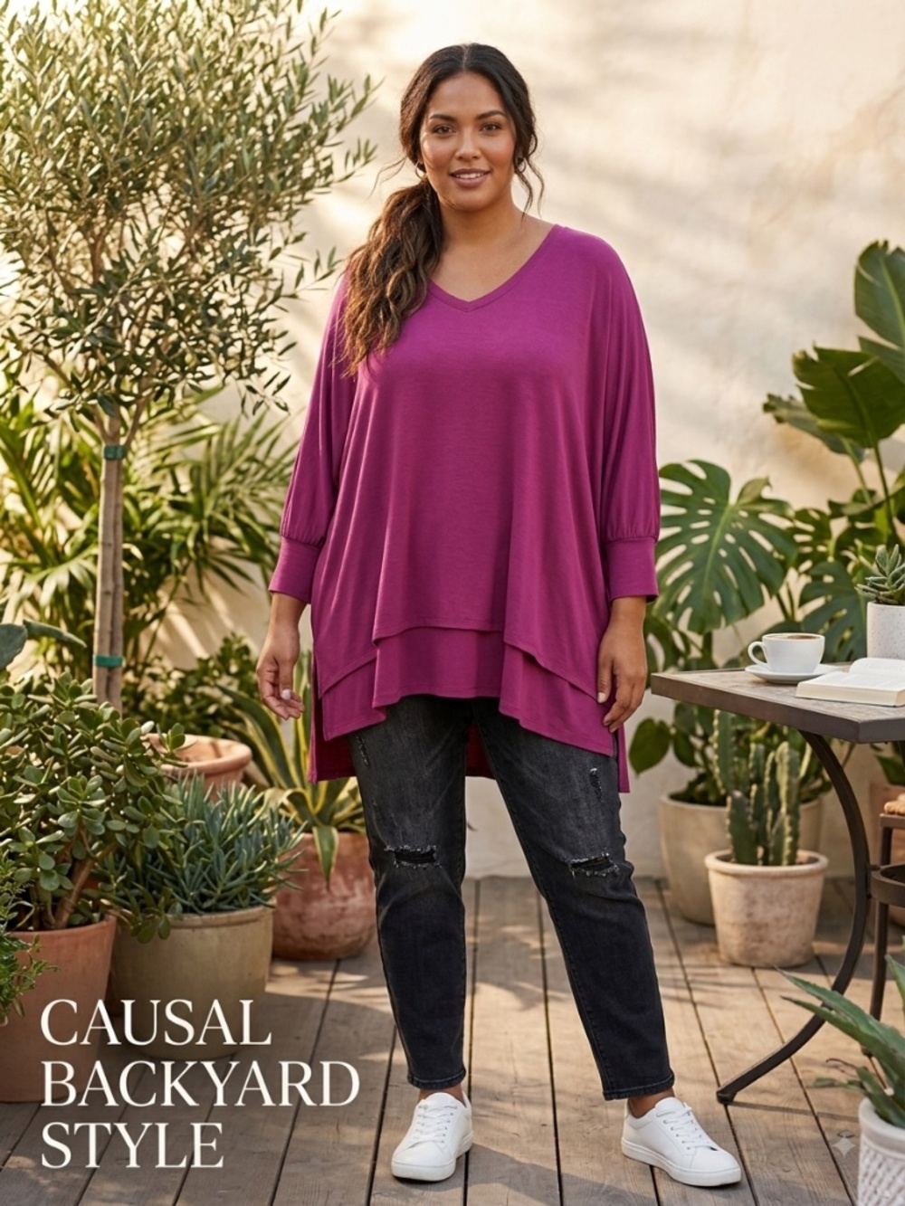 NWT Soft Surroundings Indeevar Layered Tunic Top M Fuchsia Magenta V-Neck, 1X